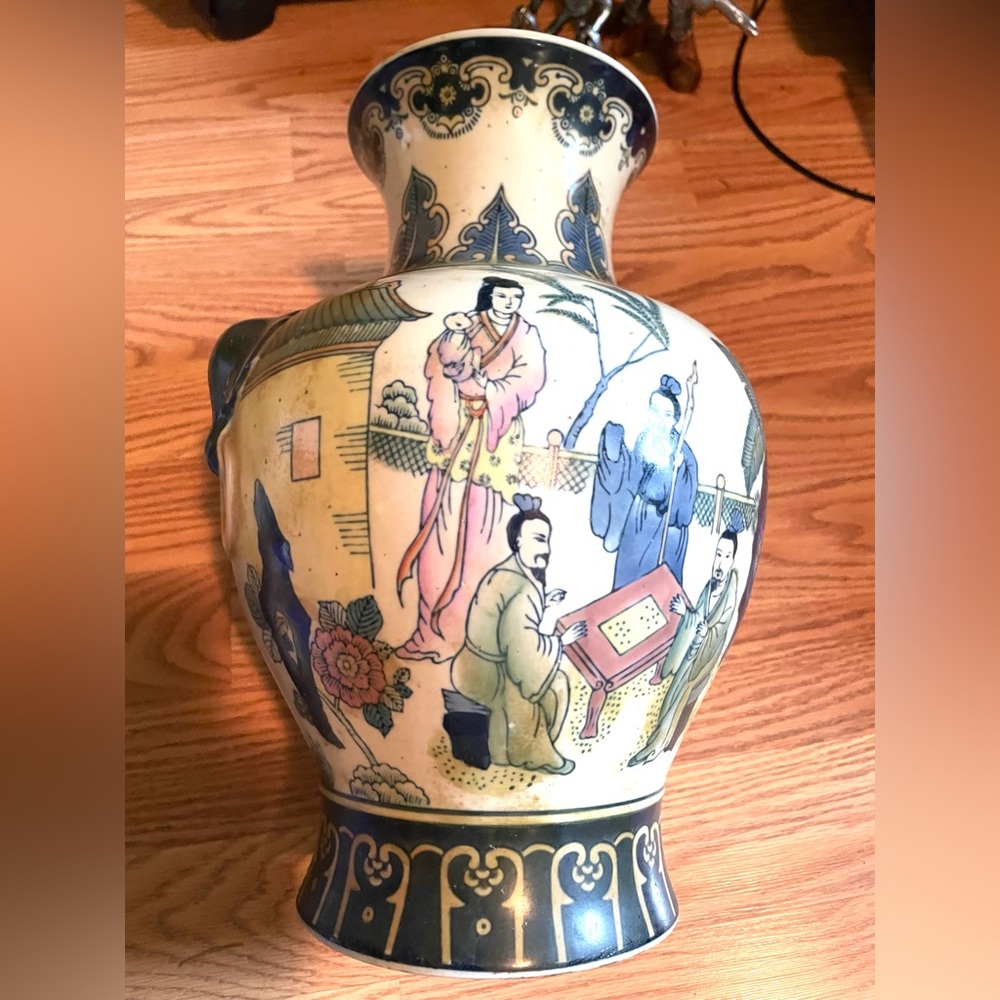 Vtg Vase With Japanese Family Scene Showing Game table with Mother holding Baby